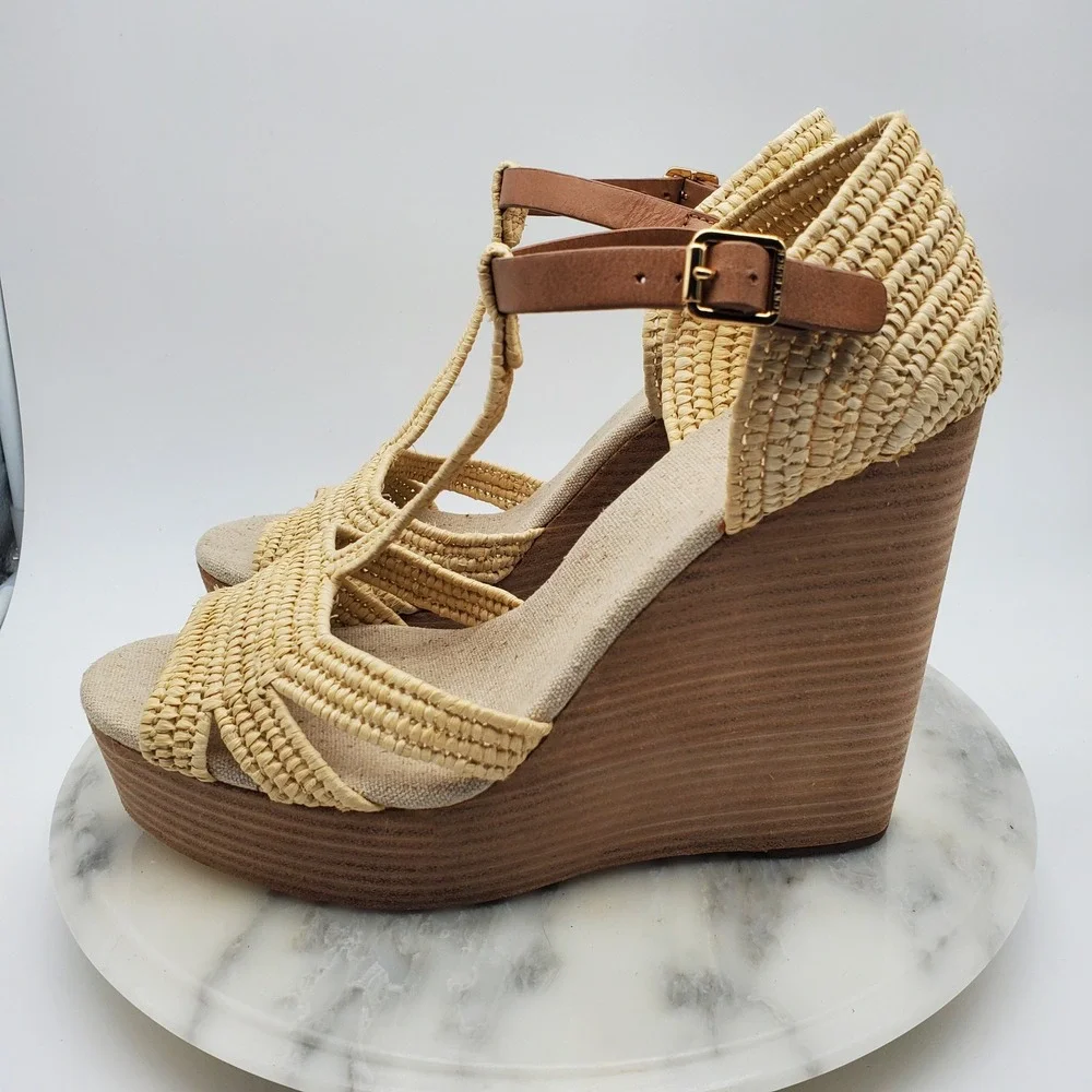 Tory Burch Carina Macrame Straw Wedge Sandals Royal Tan Leather T-Strap‎ US 9.5M